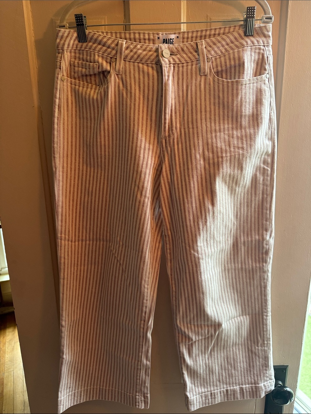 PAIGE Pink and White Striped Crop Jeans